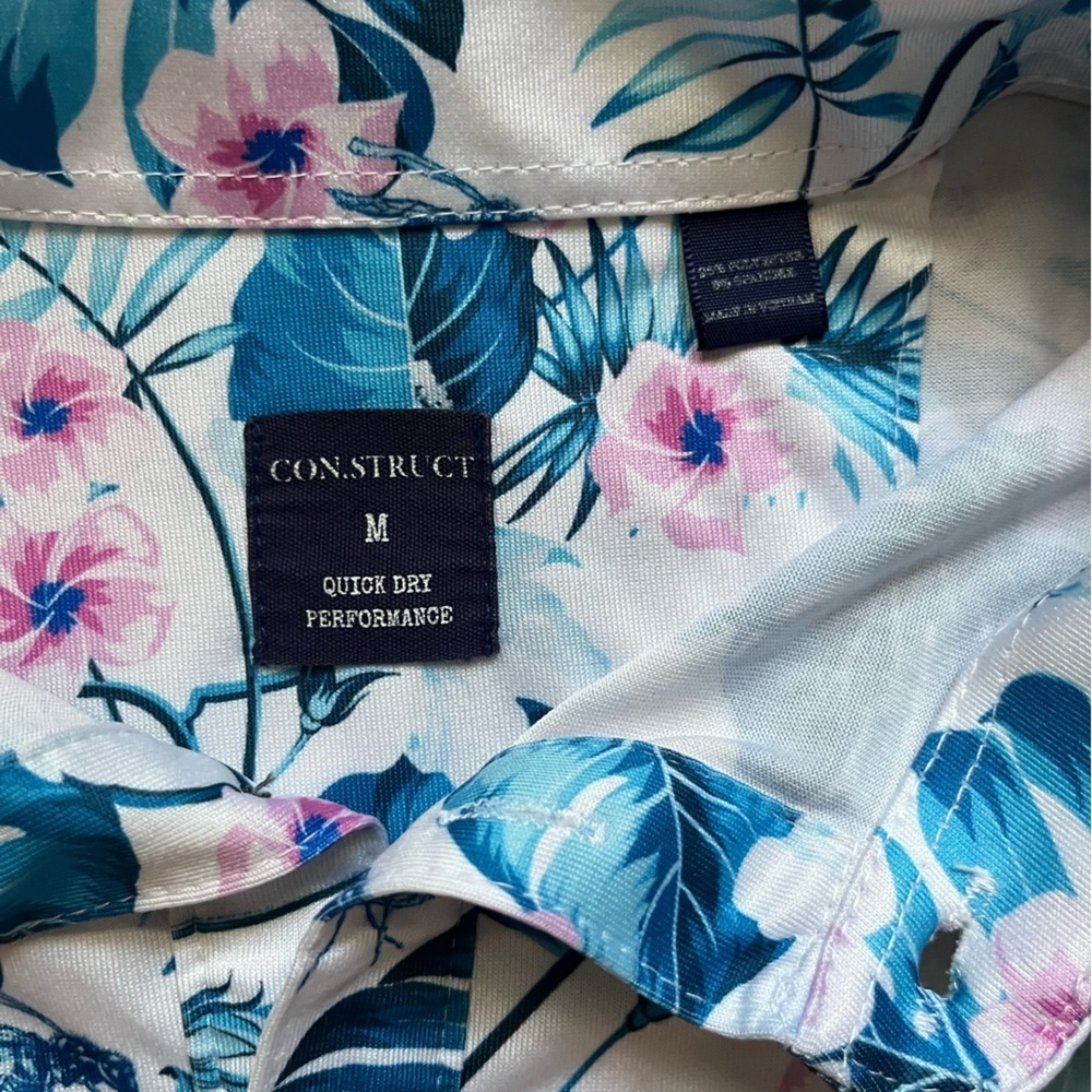 Con.struct Men’s White Blue Pink Hibiscus Palm Hawaiian Golf Polo Short Sleeve M - Picture 5 of 8